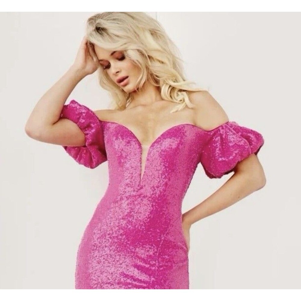 Jovani 09617 Hot Pink Sequin Off Shoulder Cocktail Dress Formal Sz 10 NWT $488